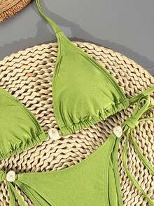 Swim Vcay 2026春夏吊带露背绿色亮面树脂串珠侧高衩系带女士比基尼两件套 - 綠色 - 查看 5