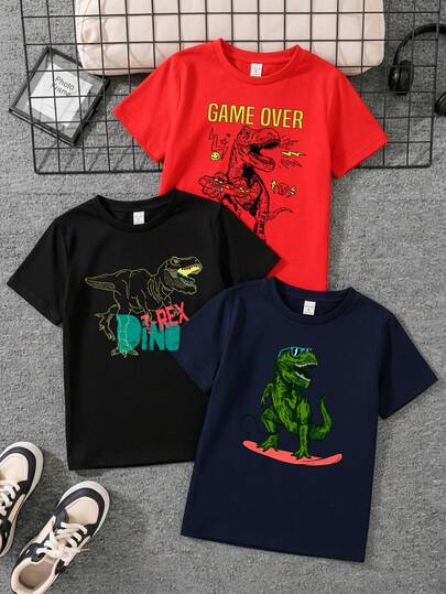Paquete de 3 Camisetas para niños de 4 a 12 años de 100% algodón con manga corta y cuello redondo, prenda de excelente calidad, cómoda y suave al tacto, con diseño estampado de dinosaurios, T rex, dinosaurio rex, videojuegos, gamer