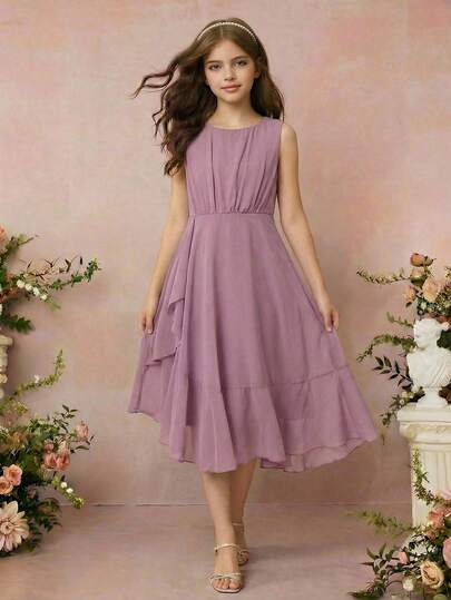 Tween Girls' Solid Color Minimalist Sleeveless Casual Dress