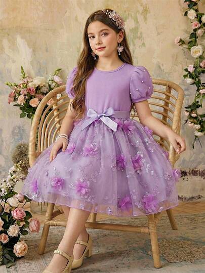 Vestido de verano elegante para niñas con mangas de perlas, flores 3D y cinturón