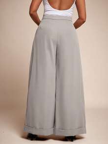 Vixey Woven Twill High Waist Pleated Cuffed Hem Wide Leg Trousers - Grey - View 5