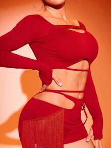 Menodora SHEIN Sport Menodora Sport Women's Solid Color Long Sleeve Top And Cutout Design Shorts Latin Dance Costume Set,Comfy Workout Gym Running Tennis Yoga Set - Red - View 7