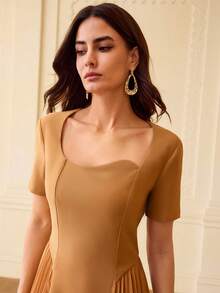 ZEYLAH Asymmetrical Collar Pleated Mid-Length Dress For Women - Khaki - View 2