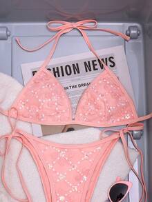 Swim Mod Conjunto de bikini de 2 piezas con parte superior de halter de tela floral y Bottom de lazos laterales, traje de baño para adultos - Rosa - Ver 9