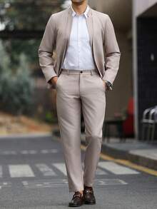 Manfinity Mode Set de costum casual pentru bărbați, cu mânecă lungă și un singur nasture, culoare solidă, jachetă și pantaloni - Moca Brown - Vizualizare 6