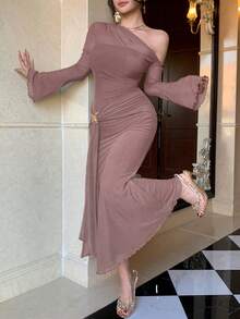 DAZY Elegant Solid Color Asymmetric Ruched Butterfly Decor Fishtail Midi Dress For Women, Autumn Sundress - Pink - View 6