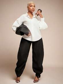 Vixey Pointed Collar Drop Shoulder Balloon Sleeve Button Up Shirt - White - View 3