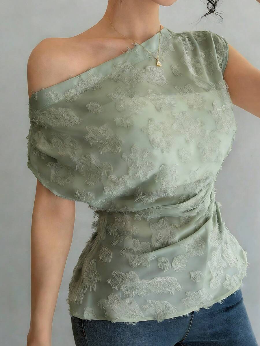 DAZY 女士优雅蕾丝不对称荷叶边不对称领口衬衫，夏季 - 綠色 - 查看 1