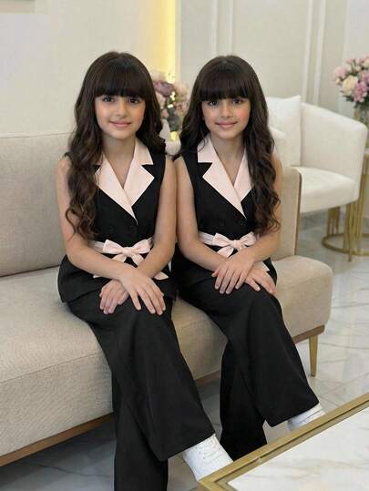 Elladie kids 大童套装，翻领撞色无袖上衣搭配休闲百搭长裤，适合通勤、外出，休闲时尚，夏季必备。