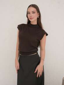 Duda Rubert 优雅高领宽松休闲百搭无袖针织毛衣背心，秋冬棕色毛衣 - 咖啡棕 - 查看 4