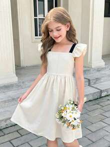SHEIN Tween Girl Elegant White And Black Contrast Bow Mini Dress, Tween Girl Summer Birthday Party Dress, Ruffle Strap Cap Sleeve Backless Casual Dress - Black and White - View 2