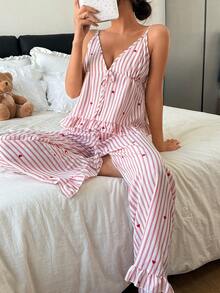 Dream Adore Women's Pajama Set, Spring Pink Striped Heart Print V-Neck Drawstring Ruched Ruffle Trim Camisole And Lounge Pants - Pink - View 1