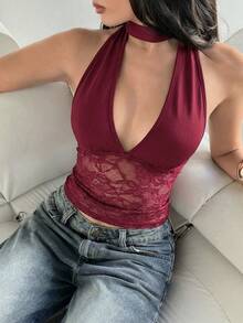 Aloruh Áo kiểu nữ phối ren cổ yếm gợi cảm, đa năng, thích hợp cho hẹn hò và đi chơi. - Màu Đỏ Sâu - Xem 5