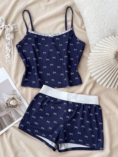 Teen Girls Spring & Summer Valentine's Day, Home, Clean Girl/American BM Style, Lace Trim Bow Tie White Camisole And Shorts Set