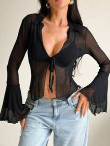 Sirith Blusa casual versátil de uso diario con parches de malla, nudos y fruncidos - Negro - Ver 3