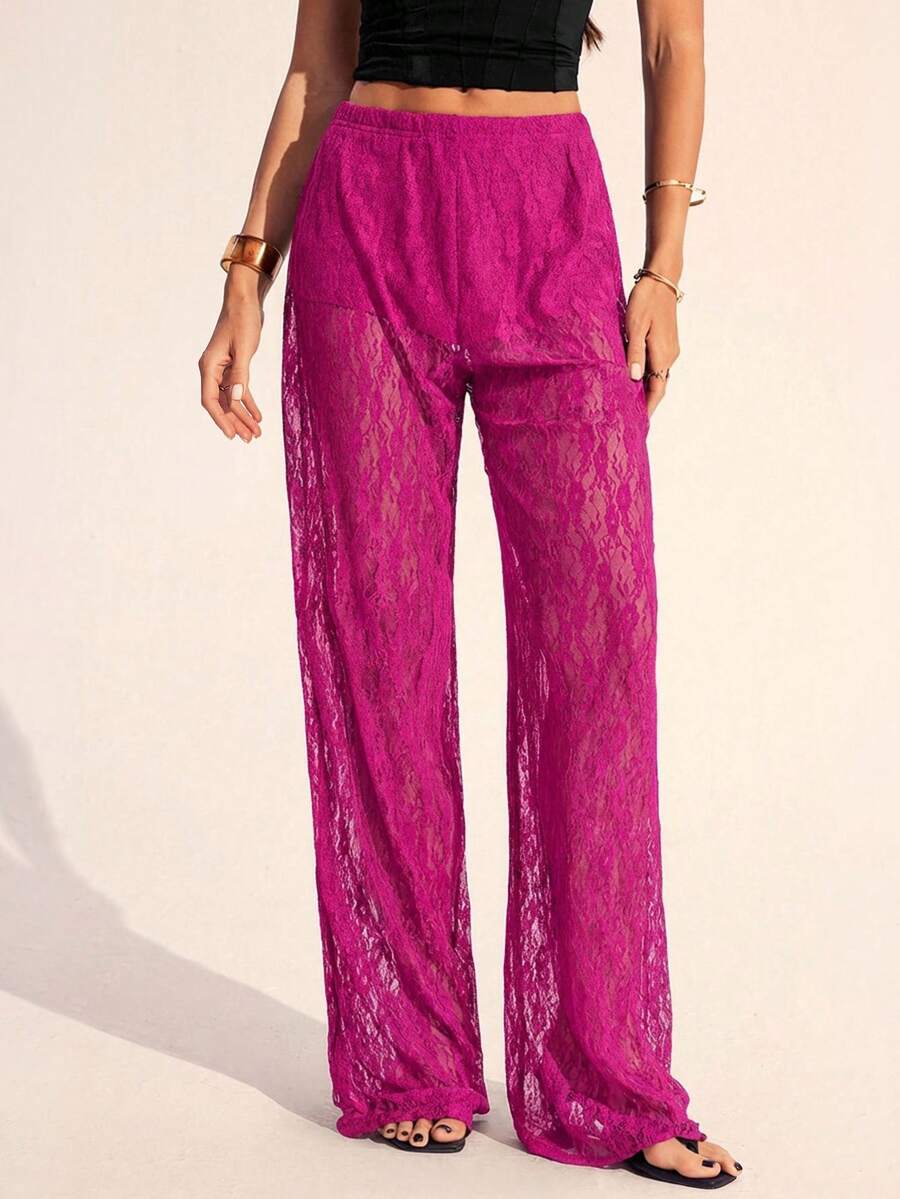 SHEIN Tall Quần ống rộng ren nữ kiểu dáng thường ngày đa năng, thích hợp mặc hàng ngày. - Màu Hồng Tươi - Xem 1