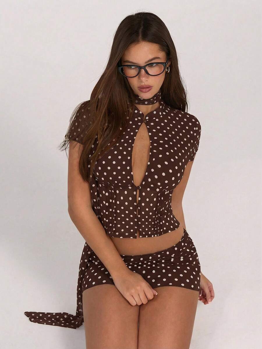 Sweetina Polka Dot Mesh Print Hollow Cardigan Top And Mini Bodycon Skirt 2 Piece Set For Women - Coffee Brown - View 1
