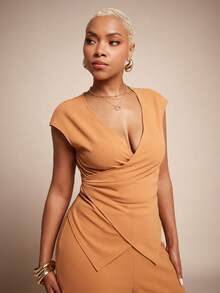 Vixey Wrap Around Asymmetrical Hem V Neck Short Sleeve Blouse - Khaki - View 2