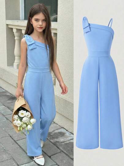 Girls' Simple And Elegant Style, Shoulder Bowknot Decoration, Solid Color Design, Straps, Wide-Leg Jumpsuit, Summer Daily Light, Party Occasion Baby Blue Jumpsuit For Girls