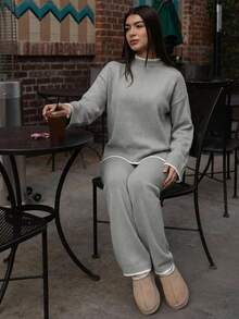 Andrea Bello 女式休闲落肩长袖毛衣和裤子两件套 - 灰色 - 查看 6