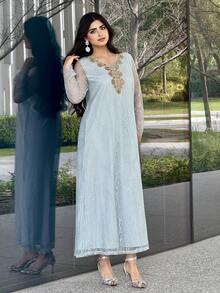 Al Najma Áo choàng dài tay cổ chữ V dáng rộng truyền thống Ả Rập dành cho nữ - Màu vàng - Xem 4