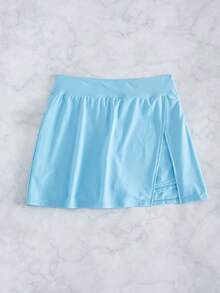 Swim Lushoire Conjunto de praia feminino de cor sólida com fenda lateral, elegante modelo shorts-saia. - Baby Azul - Ver 4