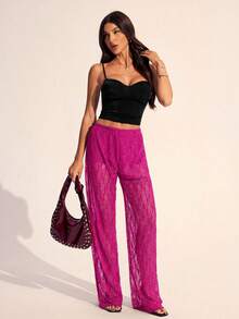 SHEIN Tall Quần ống rộng ren nữ kiểu dáng thường ngày đa năng, thích hợp mặc hàng ngày. - Màu Hồng Tươi - Xem 5