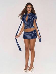 Sweetina Polka Dot Mesh Print Hollow Cardigan Top And Mini Bodycon Skirt 2 Piece Set For Women - Navy Blue - View 8