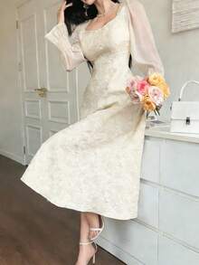 DAZY Elegant Floral Chiffon Patchwork Square Collar Petal Sleeve Mid-Length Dress For Women Summer Sundress - Beige - View 4