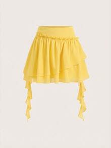 SHEIN MOD Black Ruffle Chiffon Date Night Asymmetric Solid Frill Trim Ruffle Hem Skirt,Flamenco Skirt - Pale Yellow - View 5