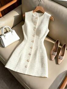 SHEIN Franclia 女士圆领单排扣时尚休闲通勤迷你连衣裙 - 白色 - 查看 1