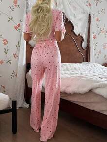 SHEIN 心形波点印花撞色蕾丝U领针织短袖修身女士睡衣套装 - 粉色 - 查看 2