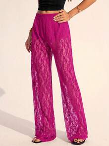 SHEIN Tall Quần ống rộng ren nữ kiểu dáng thường ngày đa năng, thích hợp mặc hàng ngày. - Màu Hồng Tươi - Xem 3