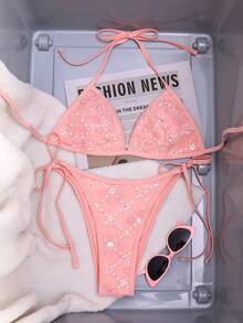 Swim Mod Conjunto de bikini de 2 piezas con parte superior de halter de tela floral y Bottom de lazos laterales, traje de baño para adultos - Rosa - Ver 5