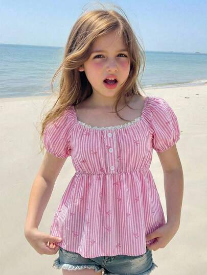 1 Piece, Girl's Vintage Sweet-Style Top: Pearl Trim + White Polka Dots, Puff Short-Sleeve Square-Neck Gathered Waist Top, Thin Non-Fluffy, Gentle Loose Blouse, For Dates/Daily Outings, Spring & Summer 1 Piece, Girl's Vintage Sweet-Style Top: Pearl Trim + White Polka Dots