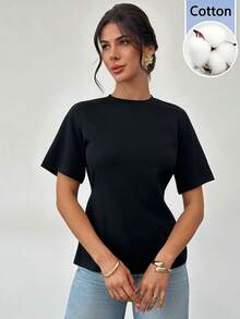 Firerie 女士黑色圆领抽绳短袖T恤，基础修身款，圆领，修身基本款，日常简约百搭针织上衣，春夏款，优雅，通勤，休闲，日常，简约，度假，工作 - 黑色 - 查看 4