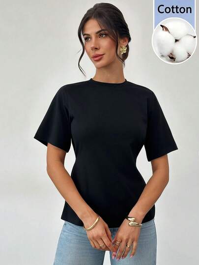 Firerie 女士黑色圆领抽绳短袖T恤，基础修身款，圆领，修身基本款，日常简约百搭针织上衣，春夏款，优雅，通勤，休闲，日常，简约，度假，工作