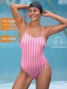 Swim Nautrix New Summer Women's Spaghetti Strap Crisscross Back Printed Ruffle Waist One-Piece Swimsuit, Casual Vacation Outfit - Pink - View 1