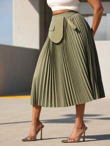 Vixey High Waist Wrap Around Panel Pleated Midi Office Skirt - Army Green - View 4
