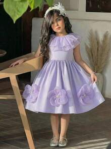SHEIN Young Girl Woven Solid Color Ruffle Floral Casual Dress - Purple - View 10