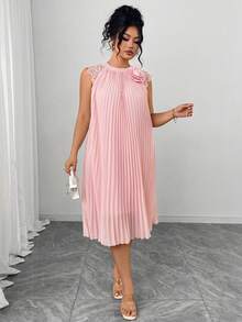 SHEIN Elenzya 大码女式梭织连衣裙，常规款，早春优雅约会/通勤连衣裙，饰有3D立体花朵褶皱细节，莲花粉色圆领 - 藕粉色 - 查看 4