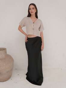 Duda Rubert New Minimalist Fashionable Office Commute Deep V-Neck Short Sleeve Slim Fit Buttoned Cardigan, Versatile Casual,Knitted Sweater In Fall/Winter - Khaki - View 1