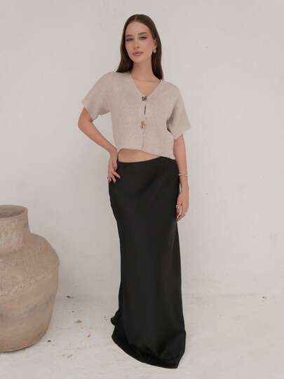 Duda Rubert New Minimalist Fashionable Office Commute Deep V-Neck Short Sleeve Slim Fit Buttoned Cardigan, Versatile Casual,Knitted Sweater In Fall/Winter