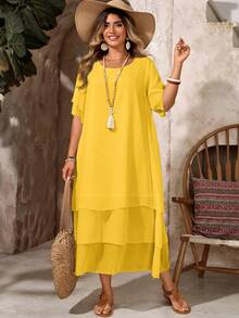 EMERY ROSE Plus Size Casual Dress, White Round Neck Unbutton Asymmetrical Flowy Hem, Bohemian Style, Suitable For Spring & Summer - Pale Yellow - View 3