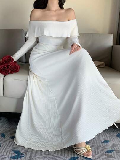 DAZY Women's Solid Color One-Shoulder Ruched Elegant Waist-Cinched Midi Dress, Suitable For Dates And Parties