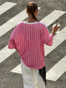 Muchica Pink Striped Knit T-Shirt, Collegiate Style For Women,Summer Clothes Women,Blockette Style - Pink - View 2