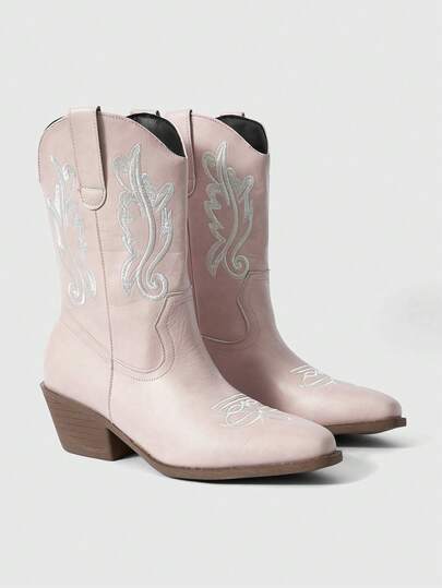 ROMWE Fairycore Botas occidentales rosas para mujer, botas de cuero con bordados, punta puntiaguda, corte en V, tacón grueso, zuecos de tacón bajo, botas de montar de fácil puesta y botines de primavera
