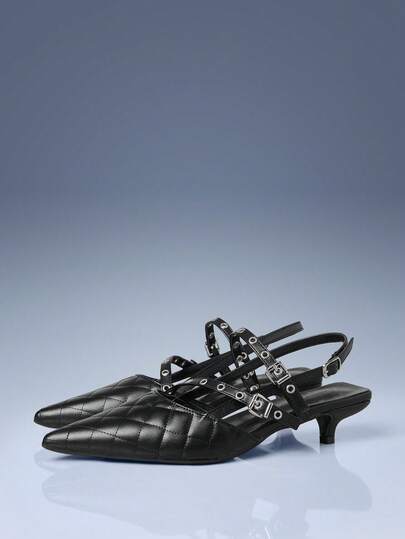 CUCCOO GRLICON Yellow Rhombus Pointed Metal Double Buckle With Kitten Heel Women's Shoes