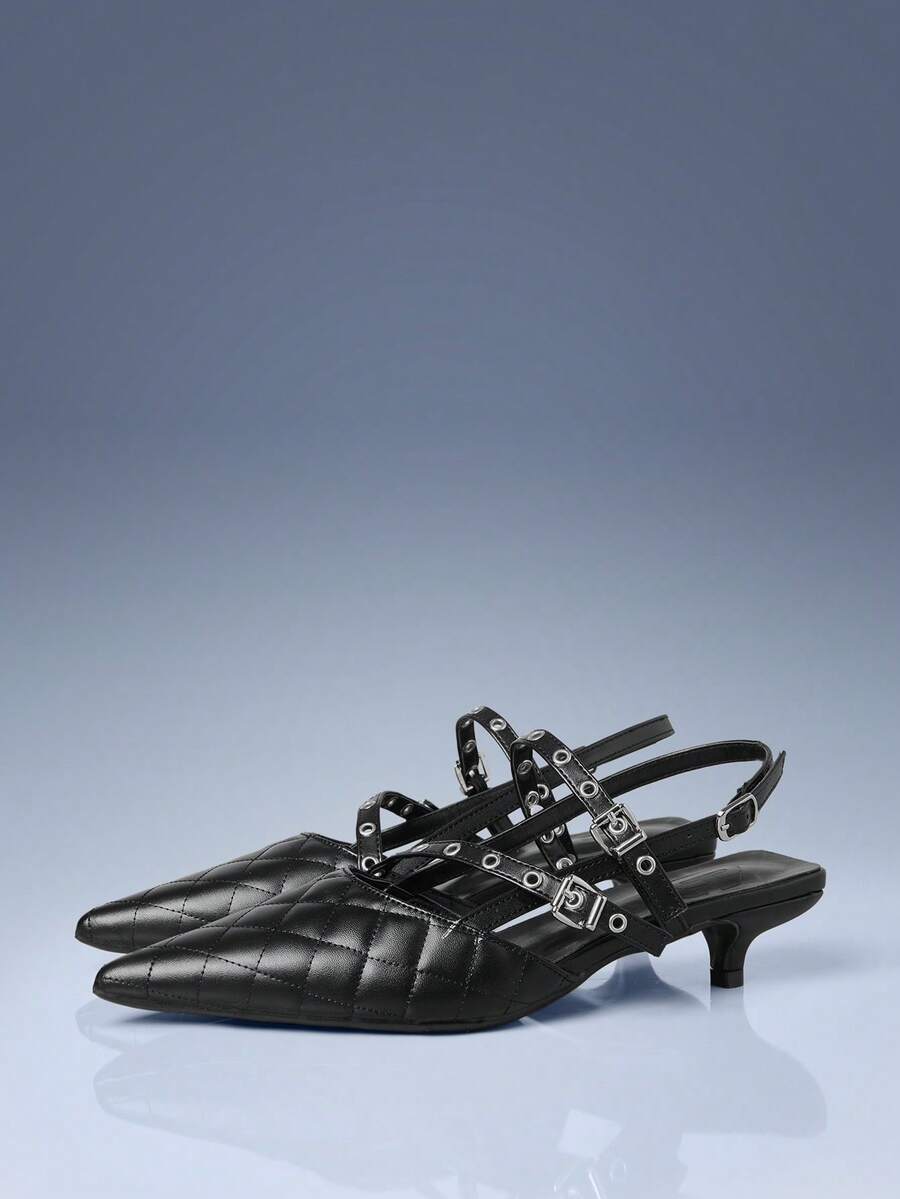 CUCCOO GRLICON Yellow Rhombus Pointed Metal Double Buckle With Kitten Heel Women's Shoes - Black - View 1