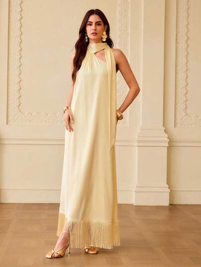 ZEYLAH Women's Solid Color Ribbon Design Elegant Dress